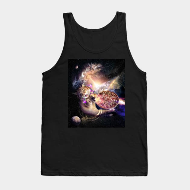 Galaxy Space Cat Reaching Pizza With Laser Tank Top by Random Galaxy